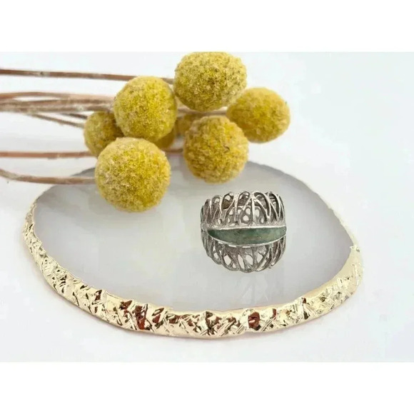 Vintage Sterling Silver Green Marble  Statement Ring - Size 7.25 - Picture 6 of 8